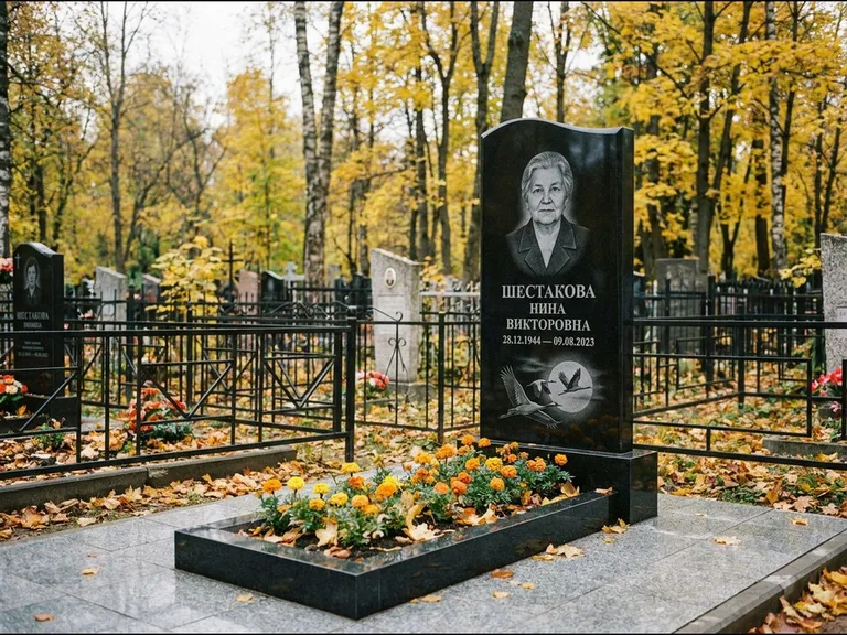 Памятник с гравировкой журавлей — гравировка клина журавлей на фоне солнечного диска, работа «Шестакова» в Екатеринбурге