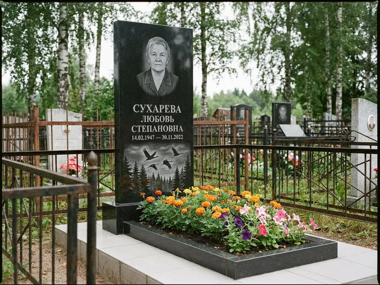 Памятник с гравировкой журавлей — гравировка силуэтов журавлей над еловым лесом, работа «Сухарева» в Екатеринбурге