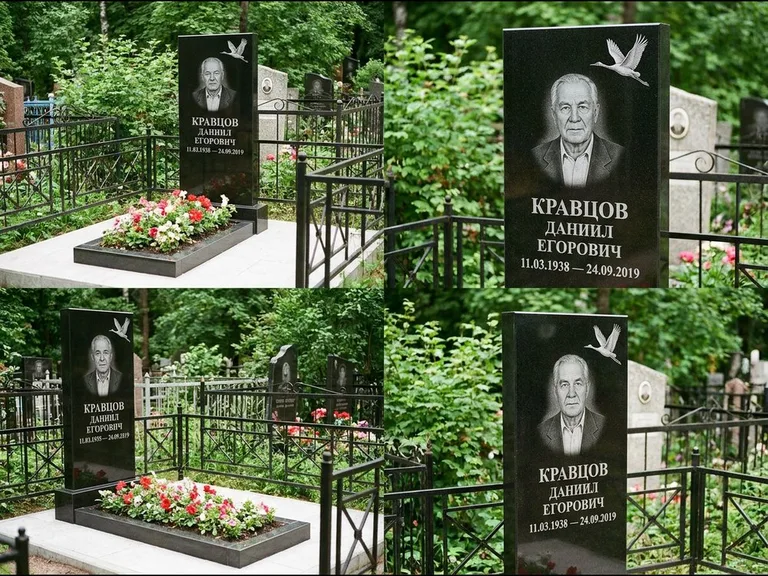 Памятник с гравировкой журавлей — белая гравировка клина журавлей, уходящего в верхний угол ст, работа «Кравцов» в Екатеринбурге