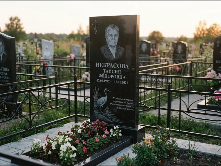 Памятник с гравировкой журавлей — гравировка журавля у камышей рядом с эпитафией, работа «Некрасова» в Екатеринбурге