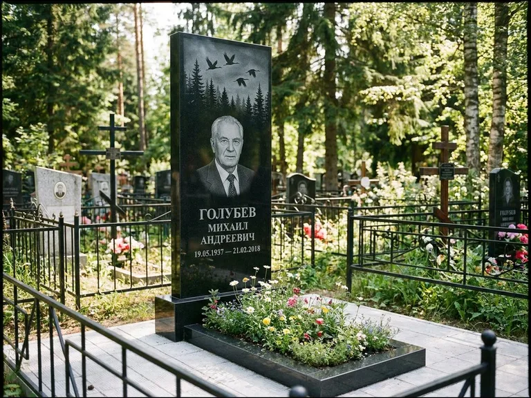 Памятник с гравировкой журавлей — гравировка силуэтов журавлей над еловым лесом, работа «Голубев» в Екатеринбурге
