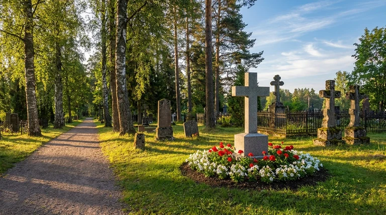 Гранитный памятник на семейном участке Новоалександровского кладбища в Омске работы мастерской «Мастер Каменев»