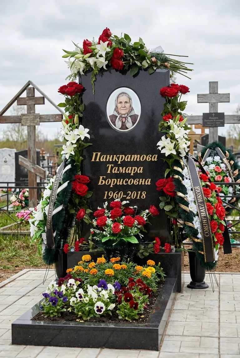 Гранитный памятник с цветником на Смоленском кладбище