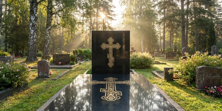 Гравировка креста на памятнике в Екатеринбурге — православный восьмиконечный крест на граните