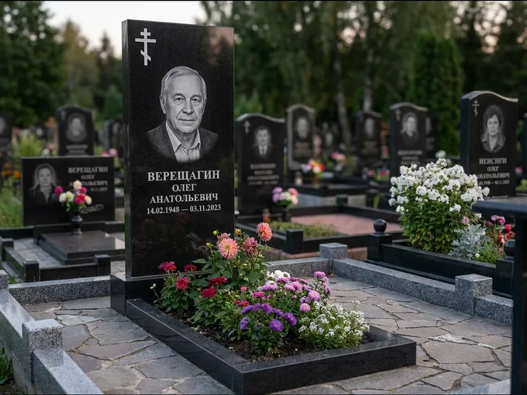 Памятник из чёрного гранита — горизонтальная плита-стела с православным восьмиконечным крестом, работа «Тихонов» в Екатеринбурге