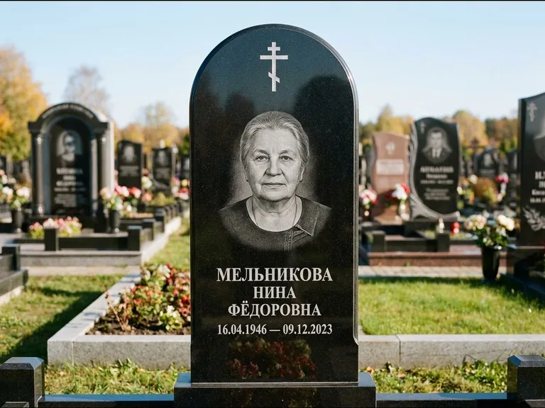 Памятник из чёрного гранита — стела с резным навершием с латинским крестом, работа «Савельева» в Екатеринбурге