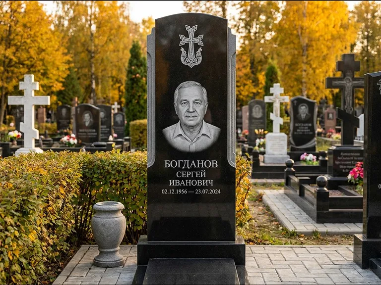 Памятник из чёрного гранита — круглая стела-медальон с армянским хачкаром, работа «Ковалёв» в Екатеринбурге