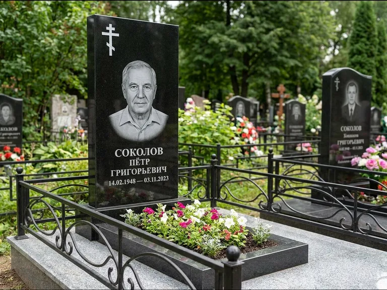 Памятник из чёрного гранита — стела с арочным верхом с православным восьмиконечным крестом, работа «Ковалёв» в Екатеринбурге