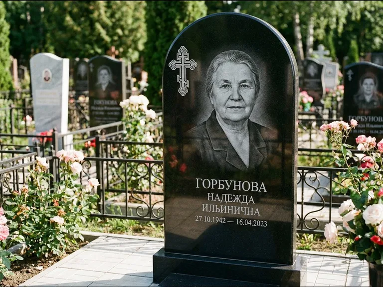 Памятник из чёрного гранита — стела с боковой колонной с крестом в лучах, работа «Мельникова» в Екатеринбурге