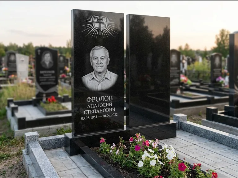 Памятник из чёрного гранита — стела на ступенчатом постаменте с золочёным крестом, работа «Богданов» в Екатеринбурге