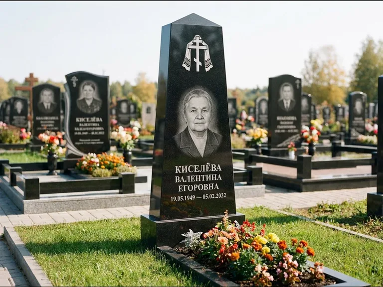 Памятник из чёрного гранита — стела со скошенным верхом с ажурным резным крестом, работа «Селезнёва» в Екатеринбурге