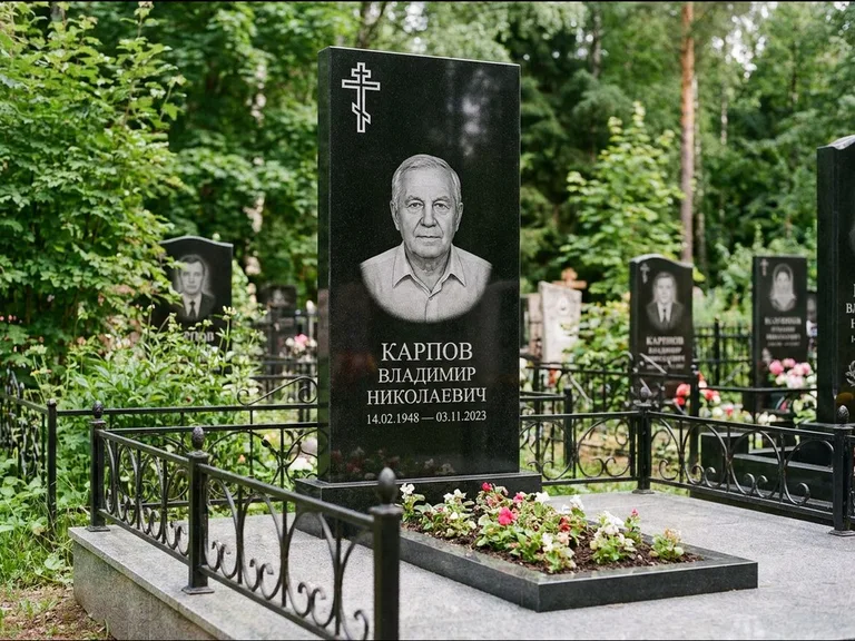 Памятник из чёрного гранита — узкая стела с ажурным крестом с православным восьмиконечным крестом, работа «Гущин» в Екатеринбурге