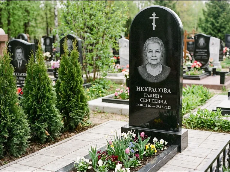 Памятник из чёрного гранита — стела с цветником-плитой с латинским крестом, работа «Лаврентьева» в Екатеринбурге