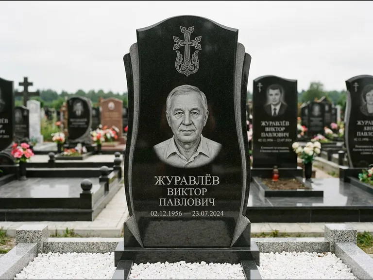 Памятник из чёрного гранита — панорамная стела с армянским хачкаром, работа «Тихонов» в Екатеринбурге