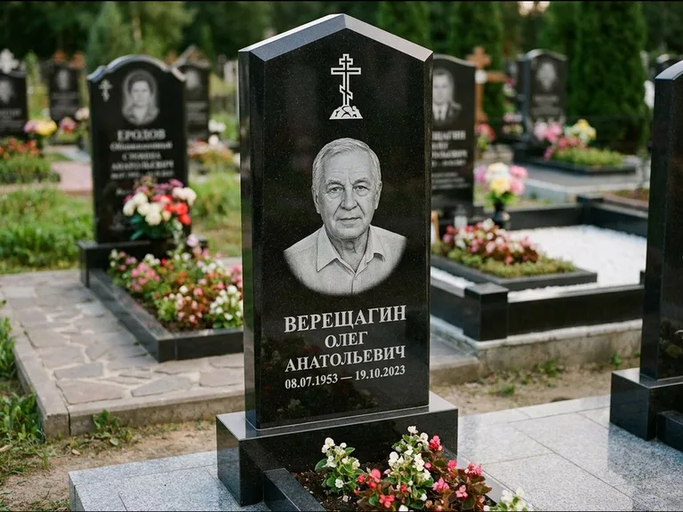 Памятник из чёрного гранита — обелиск-колонна с крестом на Голгофе, работа «Ковалёв» в Екатеринбурге