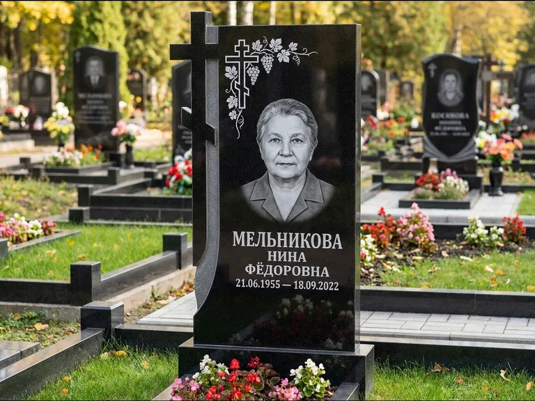 Памятник из чёрного гранита — стела с резной рамкой с крестом с распятием, работа «Некрасова» в Екатеринбурге