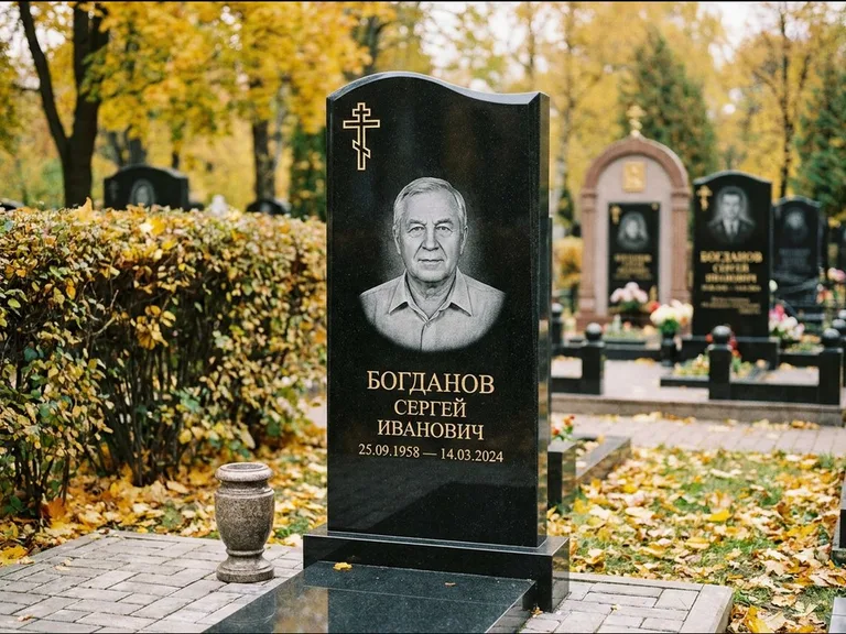 Памятник из чёрного гранита — стела с цветником с процветшим крестом с виноградной лозой, работа «Журавлёв» в Екатеринбурге