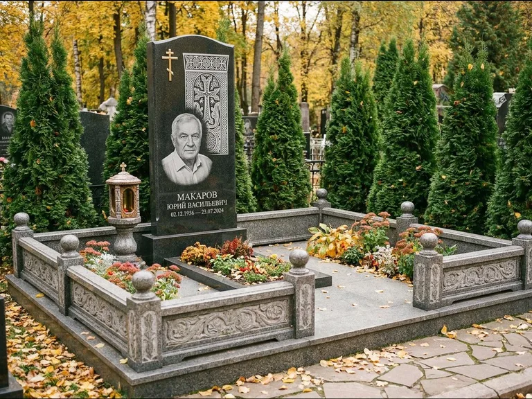Памятник из чёрного гранита — стела с крестом и лампадой с армянским хачкаром, работа «Гущин» в Екатеринбурге
