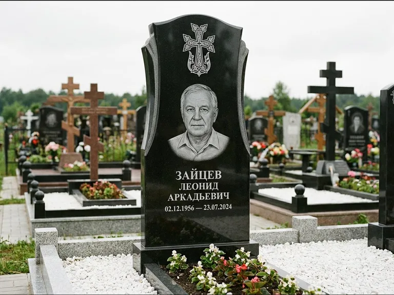 Памятник из чёрного гранита — семейная стела на двоих с армянским хачкаром, работа «Журавлёв» в Екатеринбурге