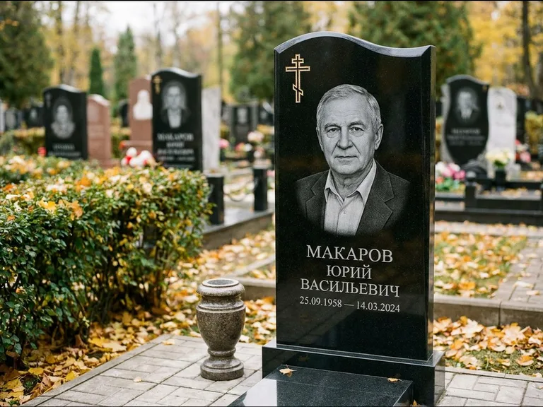 Памятник из чёрного гранита — фигурная стела с киот-нишей с процветшим крестом с виноградной лозой, работа «Богданов» в Екатеринбурге