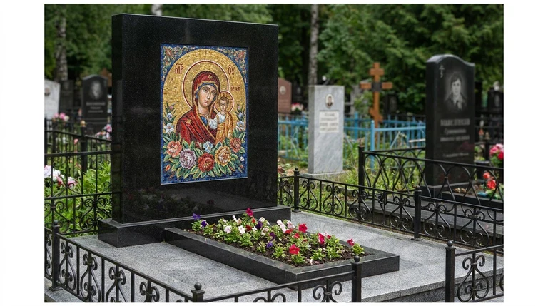 Мозаика на памятник в Екатеринбурге — цветное панно из смальты на чёрной гранитной стеле