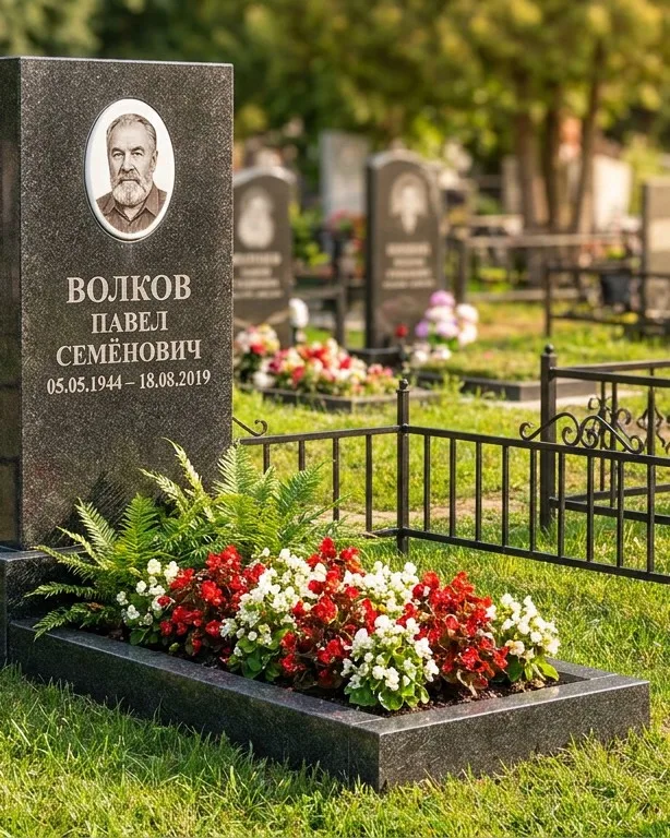 Тёмно-серый памятник под ключ с художественной гравировкой в Екатеринбурге