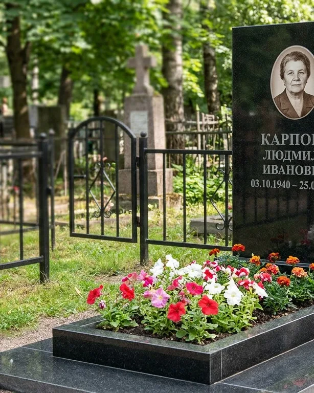 Памятник под ключ с низкой оградой и цветником в Екатеринбурге