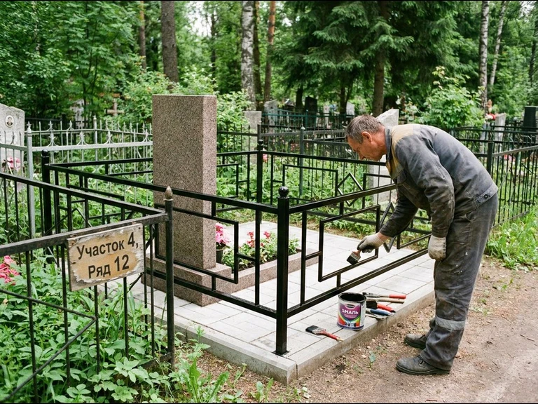 Покраска оградки на кладбище в Екатеринбурге — мастер красит металлическую ограду на могиле чёрной эмалью