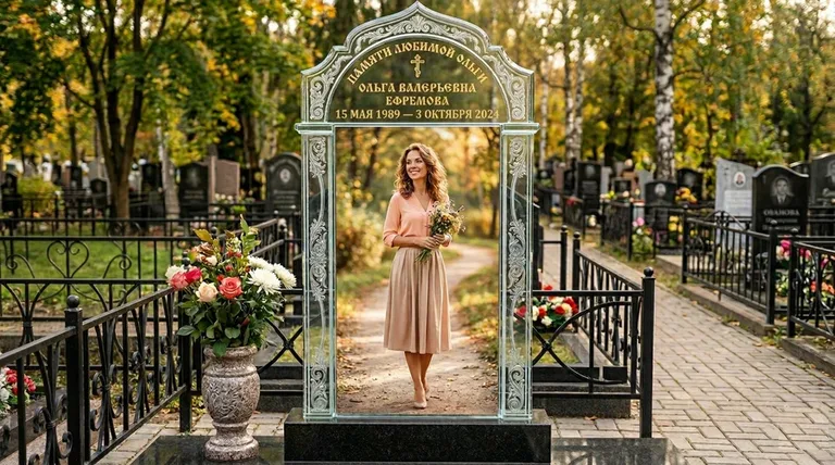 Портрет на стекле в форме арки на памятнике в Екатеринбурге