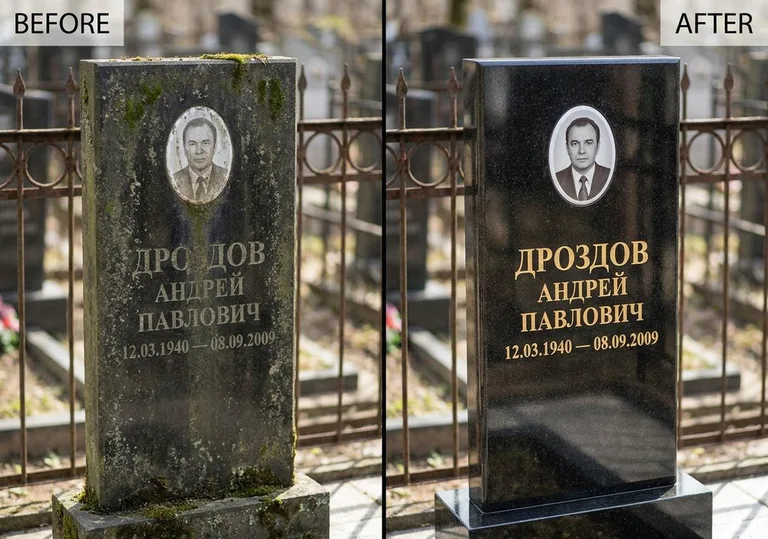 Чистка и полировка гранитного памятника: до и после в Екатеринбурге