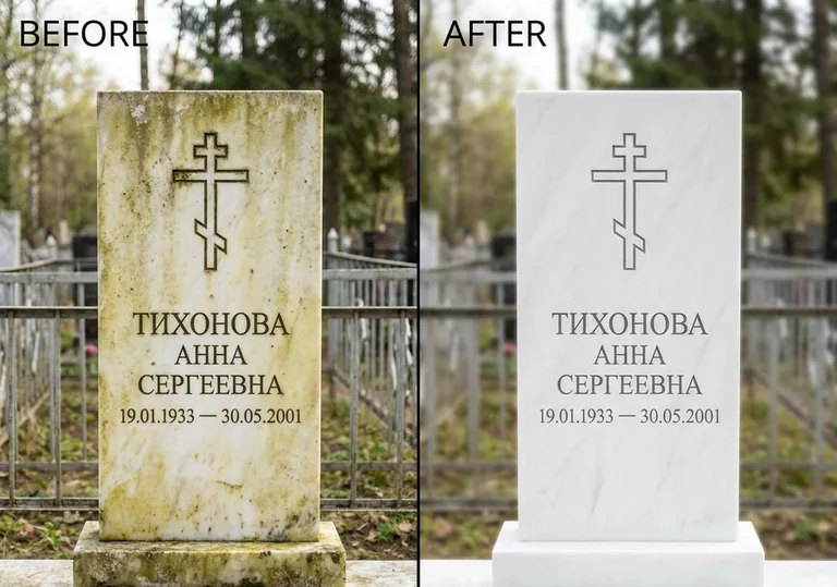 Восстановление мраморного надгробия от желтизны: до и после в Екатеринбурге