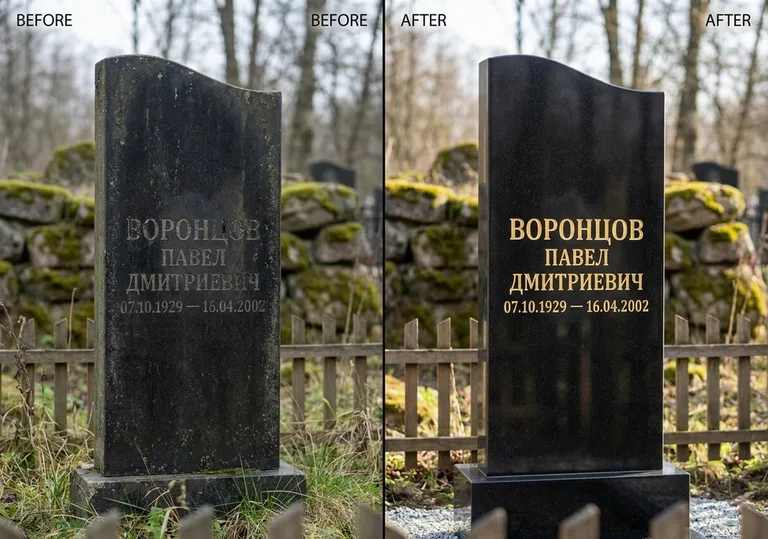 Золочение и обновление надписей на памятнике: до и после в Екатеринбурге