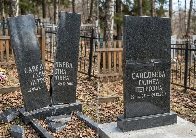 Склейка расколотого гранитного памятника: до и после в Екатеринбурге