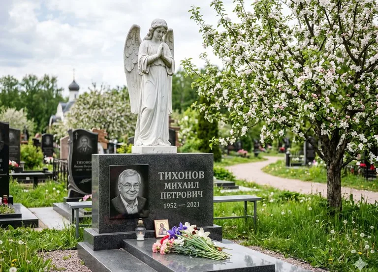 Мраморный молящийся ангел на гранитном памятнике весной в Екатеринбурге