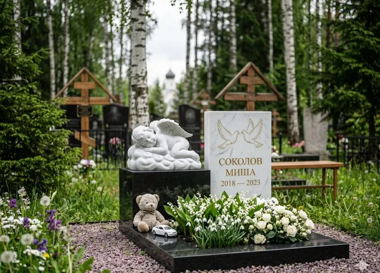 Белый ангелочек на детском памятнике в Екатеринбурге