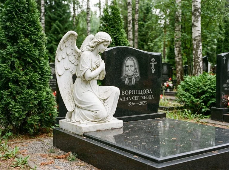 Белый мраморный ангел на гранитном памятнике в Екатеринбурге