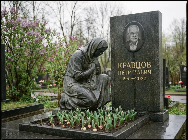 Гранитная скорбящая фигура у стелы на кладбище в Екатеринбурге
