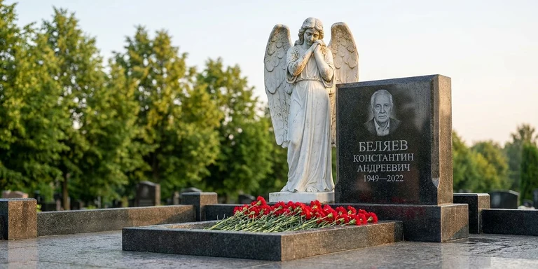 Скульптура на памятник в Екатеринбурге — мраморный ангел на гранитном мемориале
