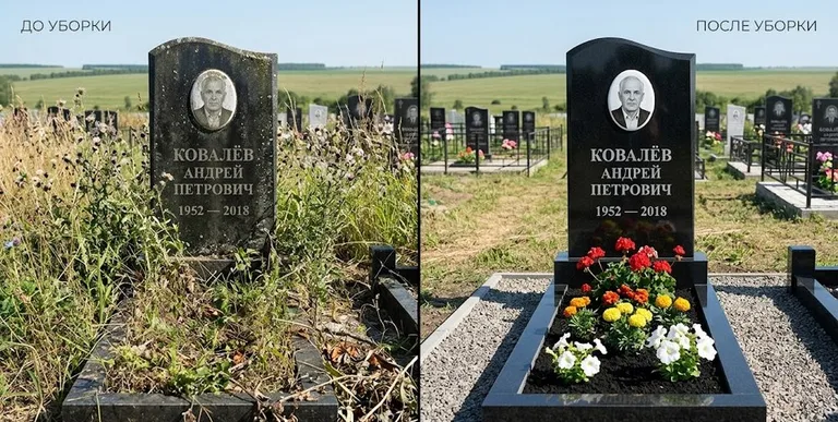 Уборка могилы до и после — ухоженный участок в Екатеринбурге