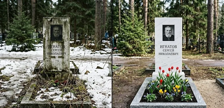 Диптих №6: высадка хризантем у подножия серого гранита — до и после уборки в Екатеринбурге