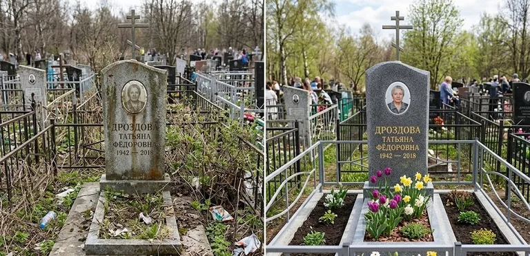 Диптих №4: свежепокрашенная серебром оградка и отмытый красный гранит — до и после в Екатеринбурге