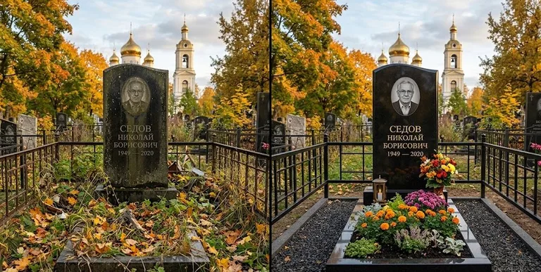 Уборка могилы до и после осенью — у церкви в Екатеринбурге