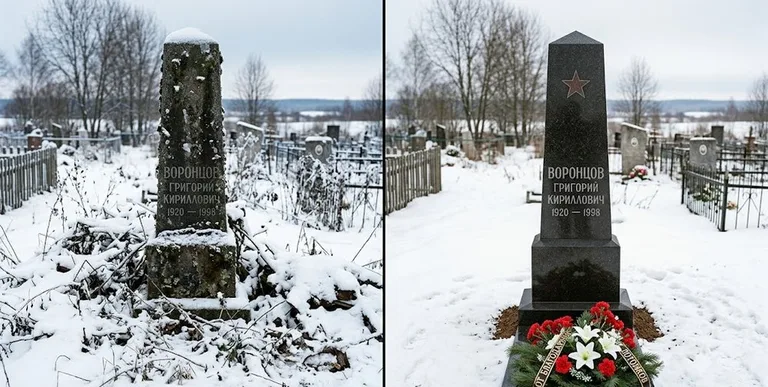 Уборка могилы до и после зимой — воинский обелиск в Екатеринбурге