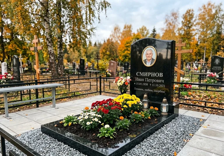 Ухоженная могила после уборки и мойки памятника в Екатеринбурге