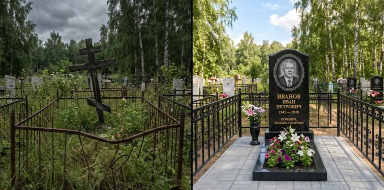 Благоустройство могилы до и после установки памятника в Екатеринбурге