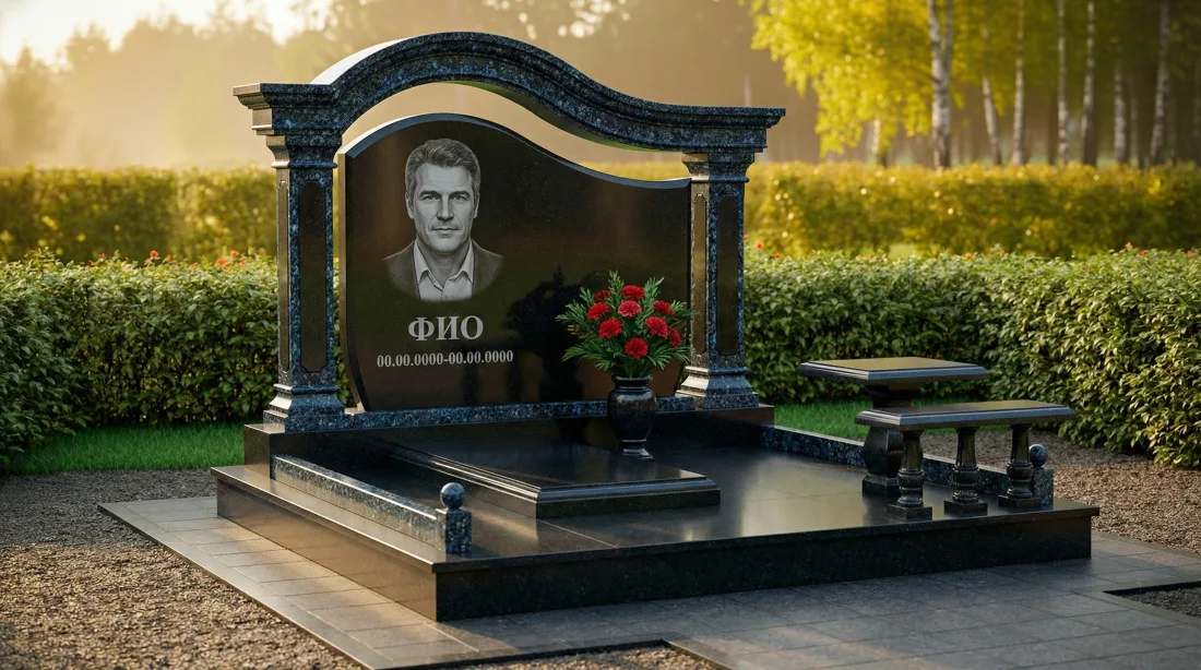 Памятник брату горизонтальный из тёмного гранита с колоннами-аркой, портретом мужчины, ваза с красными розами, скамья Памятник брату горизонтальный из тёмного гранита с колоннами-аркой, портретом мужчины, ваза с красными розами, скамья