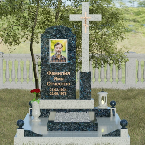 Арочная стела с высоким крестом, гранит Блю Перл, вид 2