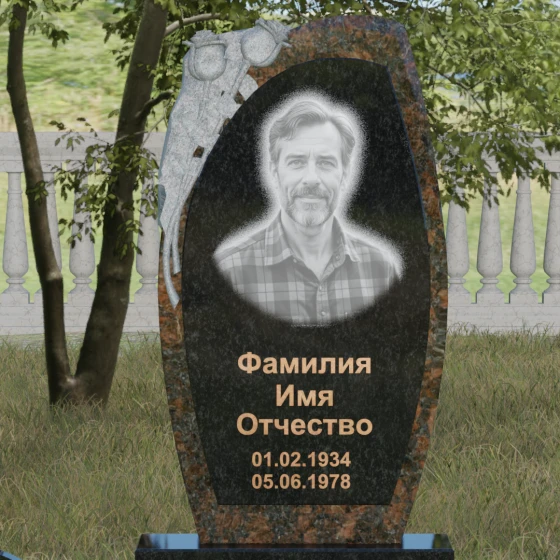 Мемориал с резьбой розы и асимметричной стелой, гранит Габбро-диабаз