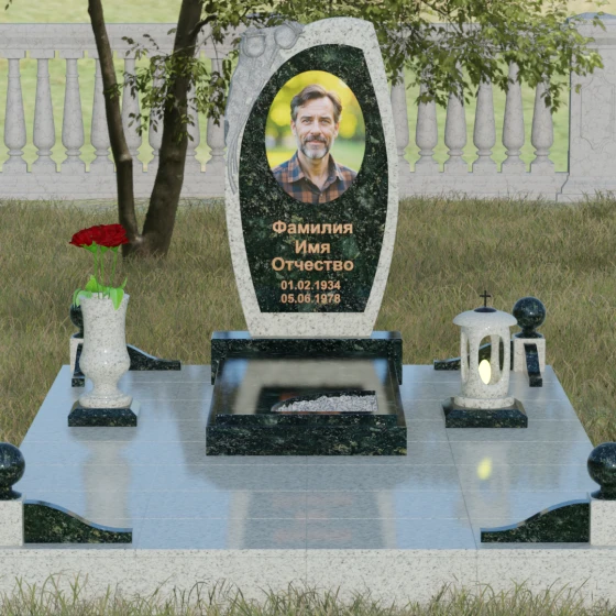 Мемориал с резьбой розы и асимметричной стелой, гранит Балтик грин, вид 2
