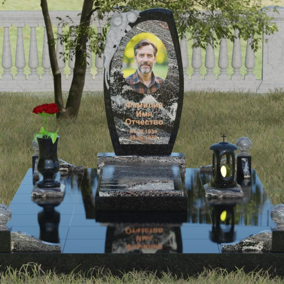 Мемориал с резьбой розы и асимметричной стелой, гранит амфиболит, вид 2